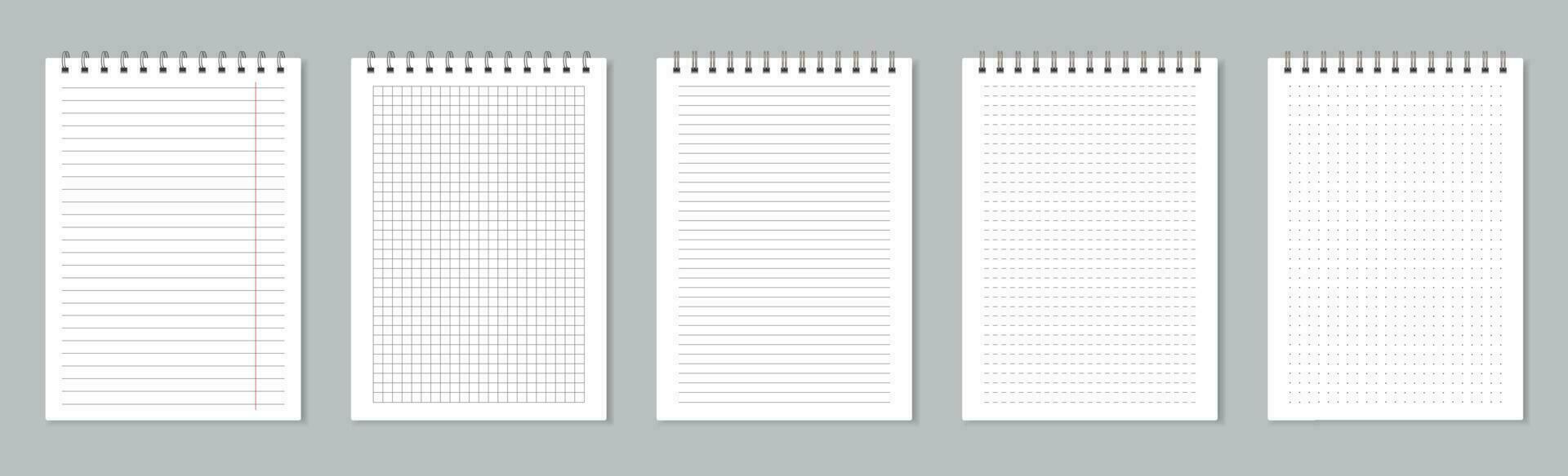 Notebook pages with wire binding, realistic lined paper sheets. Empty school notepad page, memo note sheets with spiral binders vector set