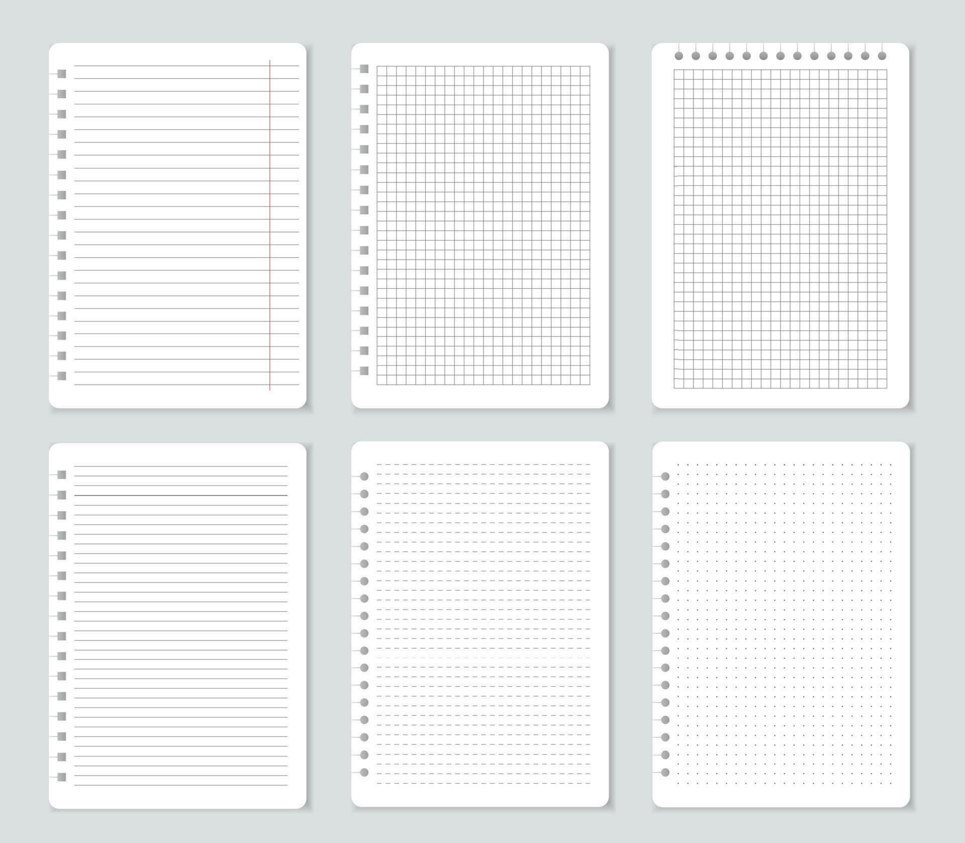 Squared notebook pages, lined paper sheets, notepaper. School notepad