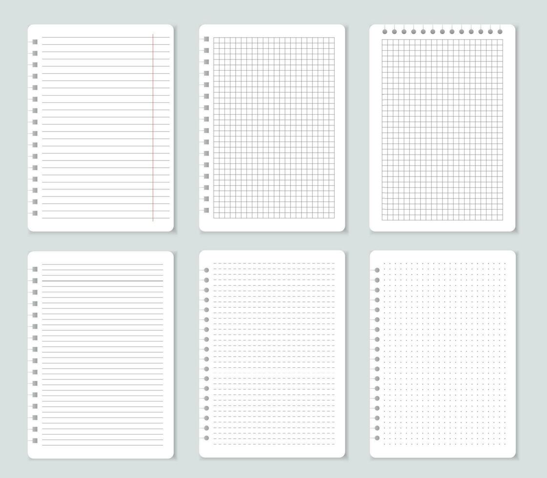 Squared notebook pages, lined paper sheets, notepaper. School notepad with lines or dots, blank memo papers, notebooks sheet vector set