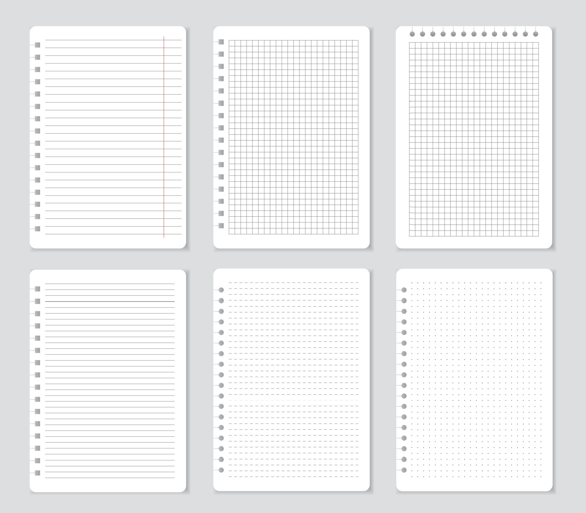 Squared notebook pages, lined paper sheets, notepaper. School notepad