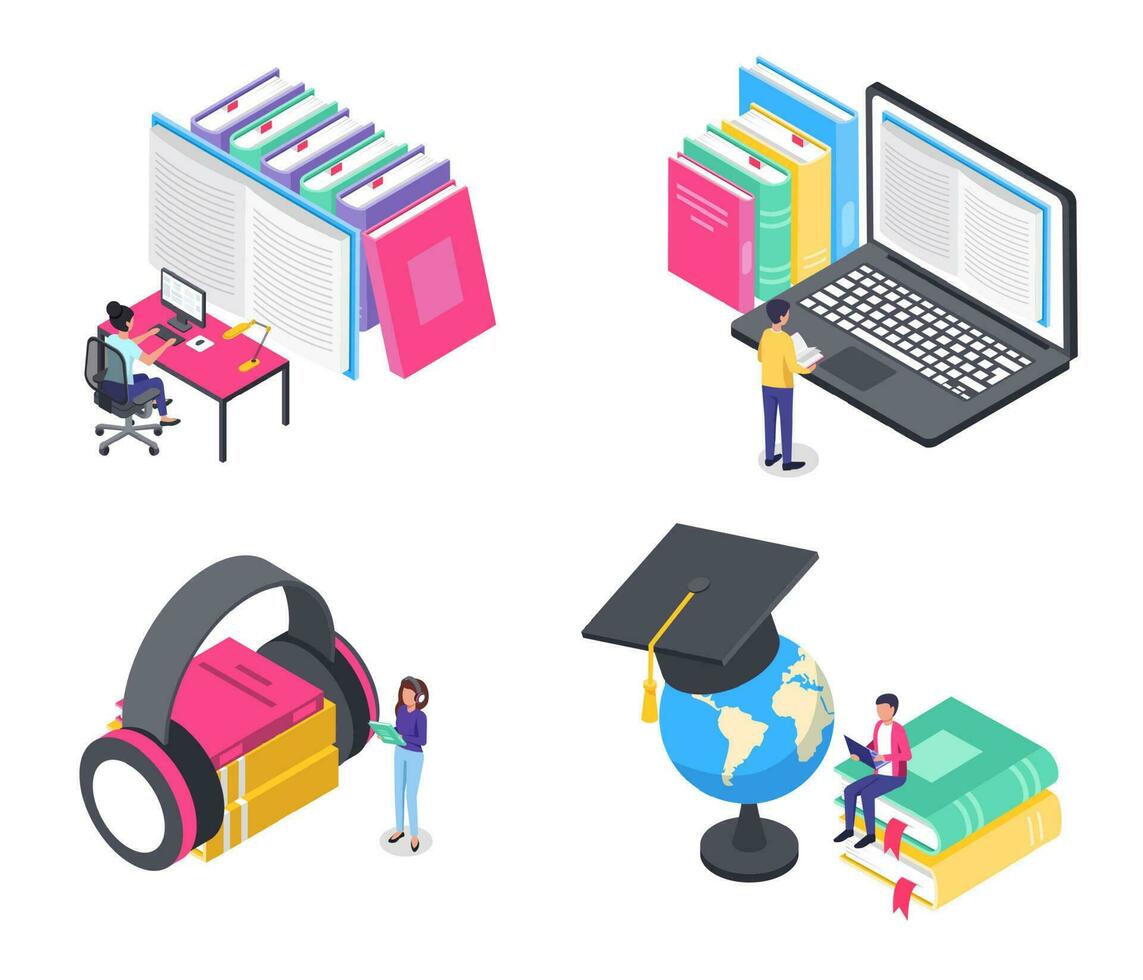 Isometric online education. Students studying at electronic library, reading books on computers and laptop vector