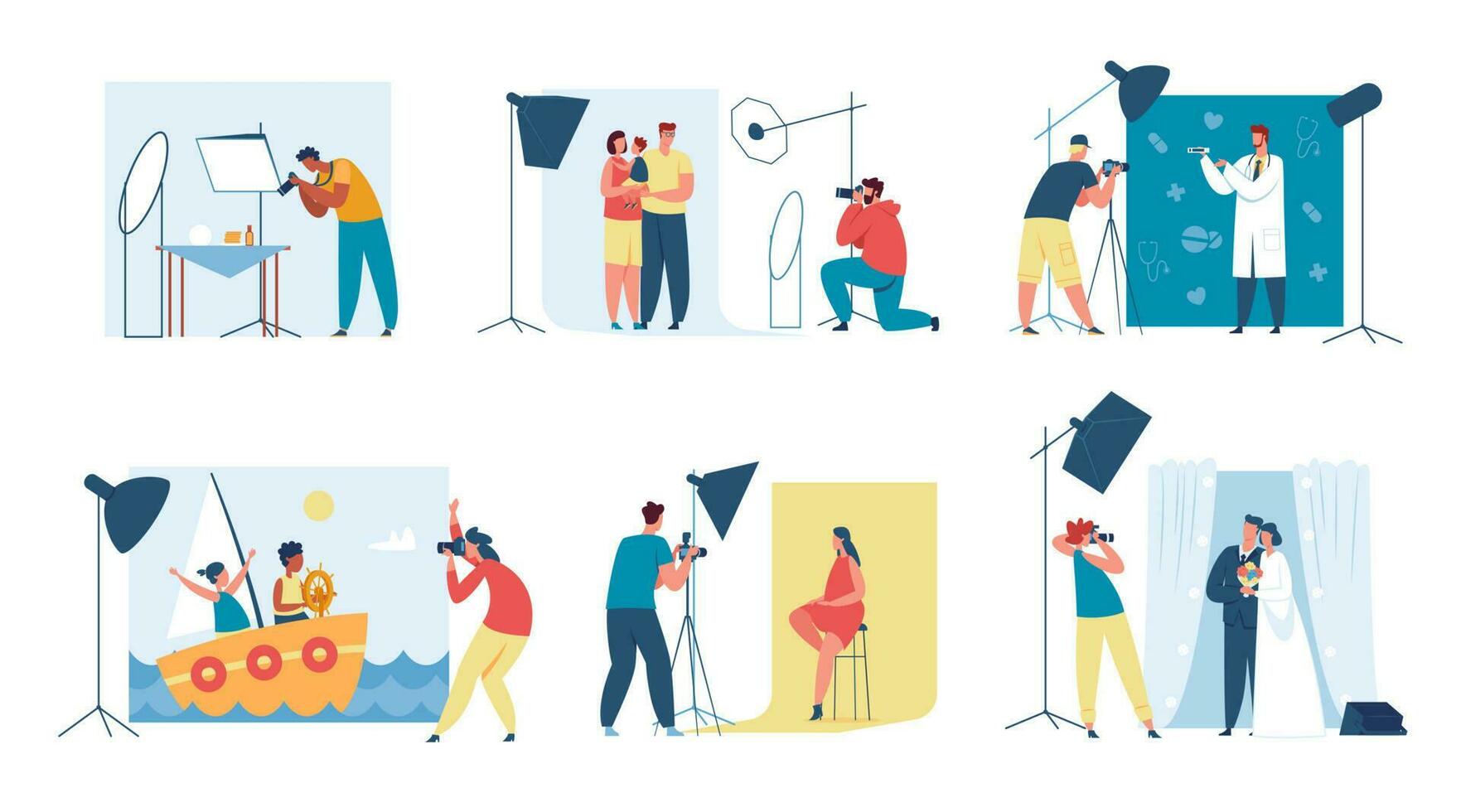Photographer taking photos of model, family and kids photoshoot. Professional photographers in photo studio with lighting equipment vector set