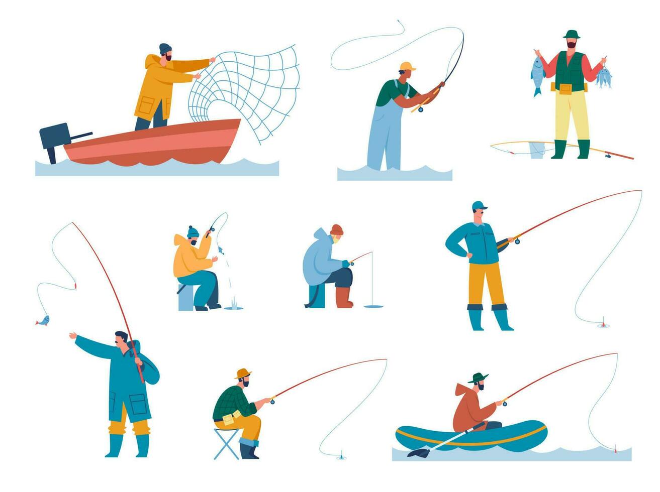 personas pescar con varilla en lago, pescador atrapando pescado con neto. pescador caracteres, pescadores hielo pesca, verano ocio actividad vector conjunto