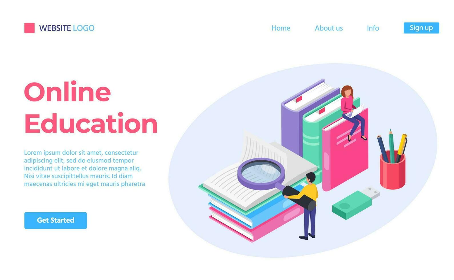 Landing page online education isometric 3d style vector