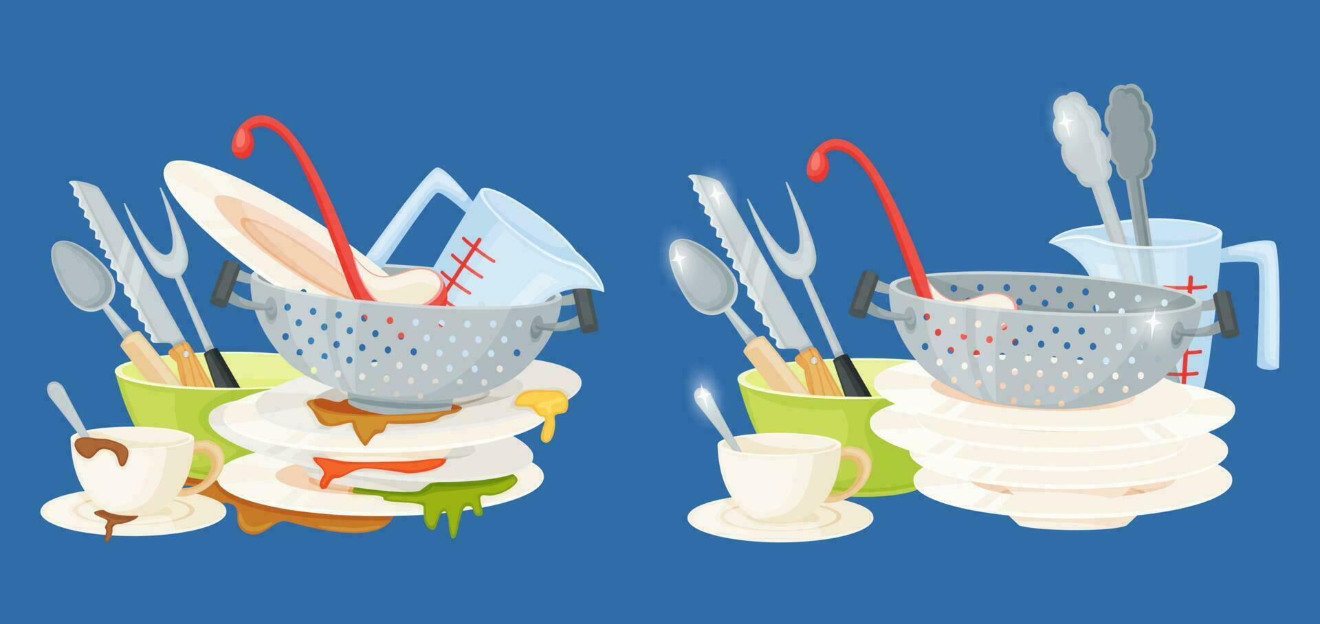 Dirty and clean dishes, piles of stained and washed kitchen utensils. Messy plates and cutlery, tableware before and after washing vector set