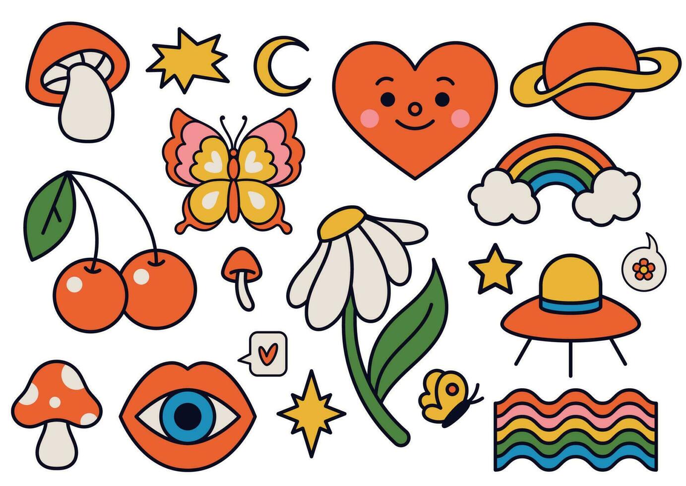 Cute funky hippy stickers. Retro 70s vibe, psychedelic groovy elements as mushroom, flower, rainbow and ufo vector