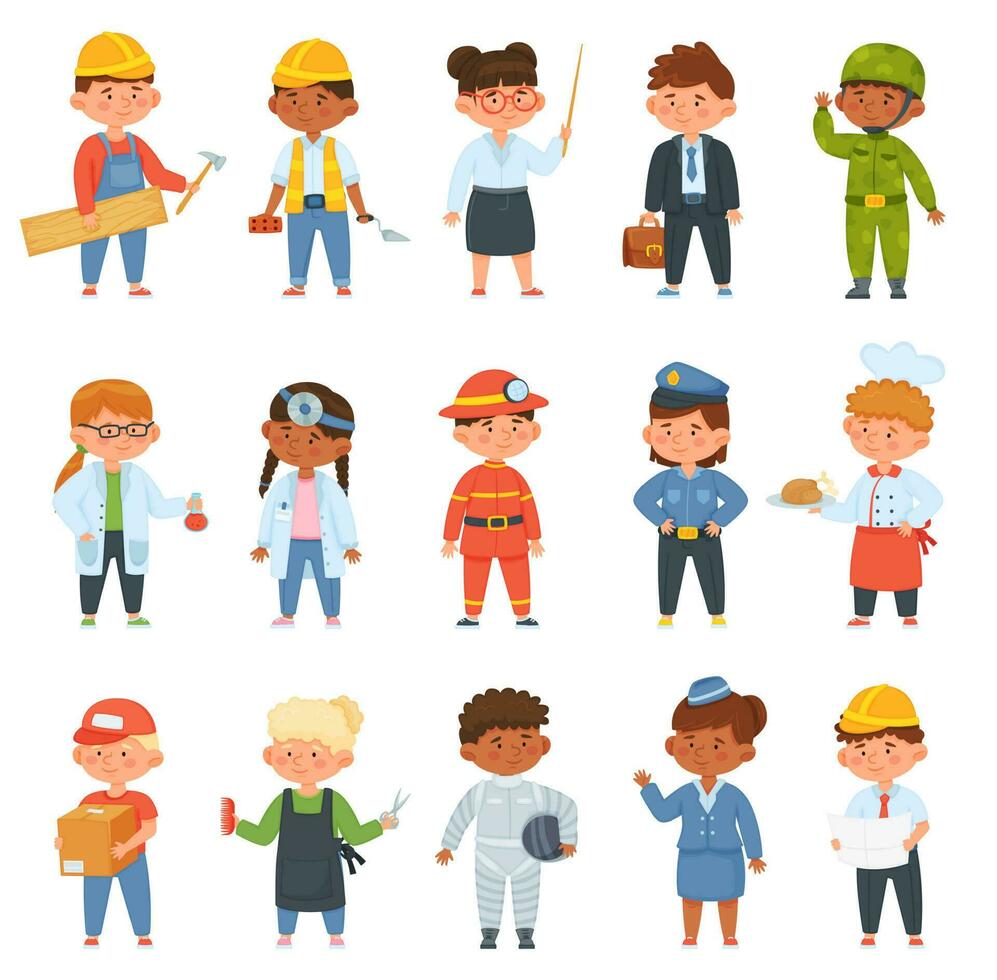 Kids in professional uniform. Children doing different job as builder, teacher, businessman, doctor and firefighter vector