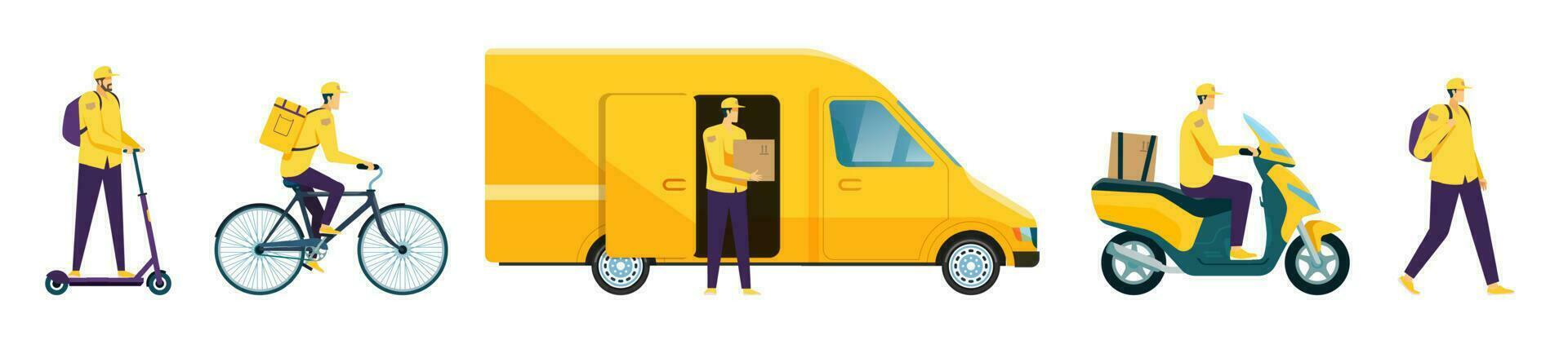 Couriers riding bicycle and scooter, online delivery service. Courier carrying package, unloading van, delivery man on motorbike vector set