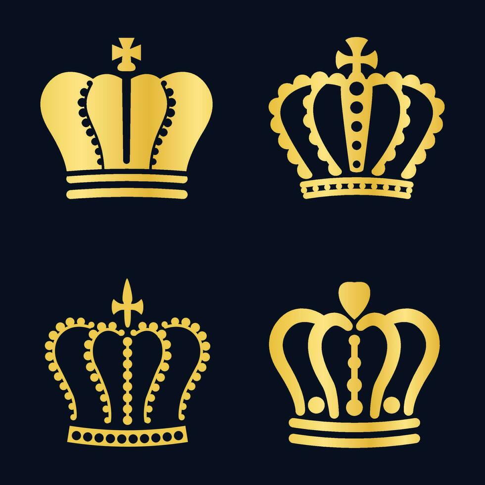 Royal gold king crowns icons. Royalty family symbol, golden queen and king diadem, majestic element of nobility vector