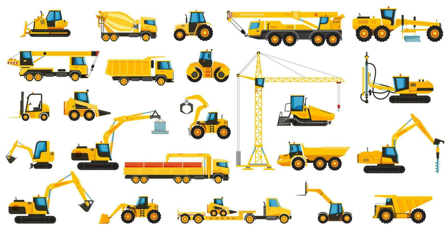 Set of construction machines crane bulldozer and excavator vector