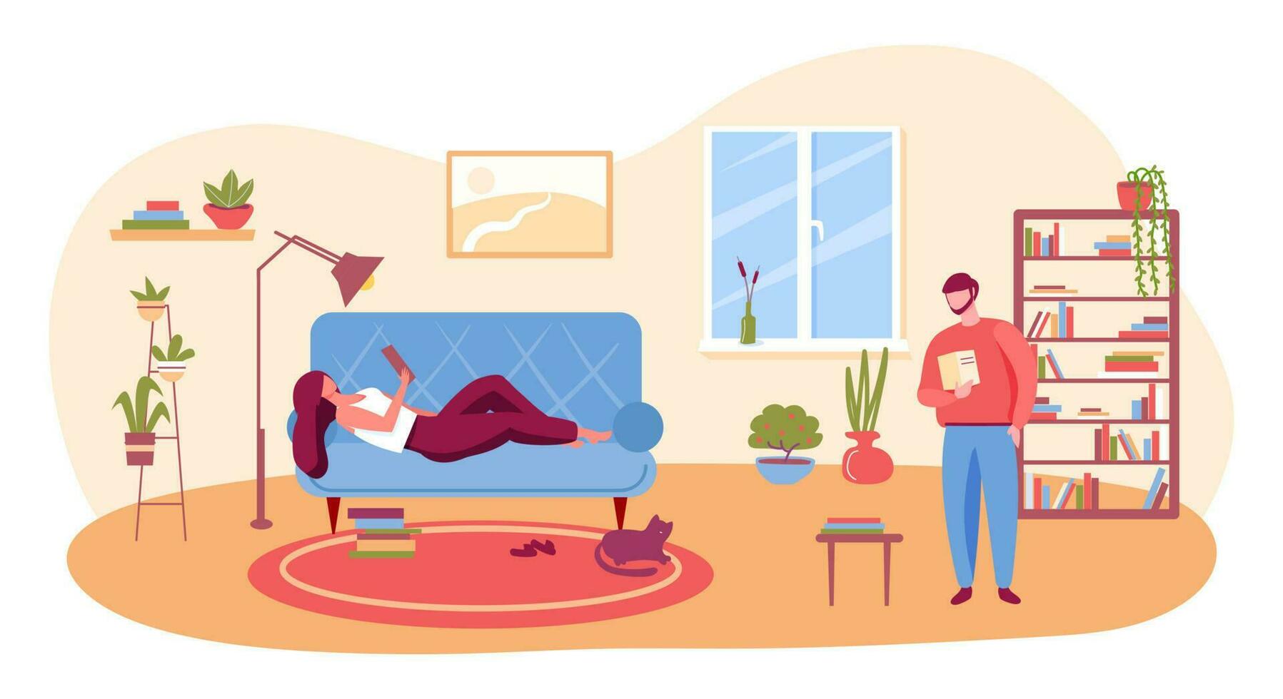 People reading books at home, study and relax vector