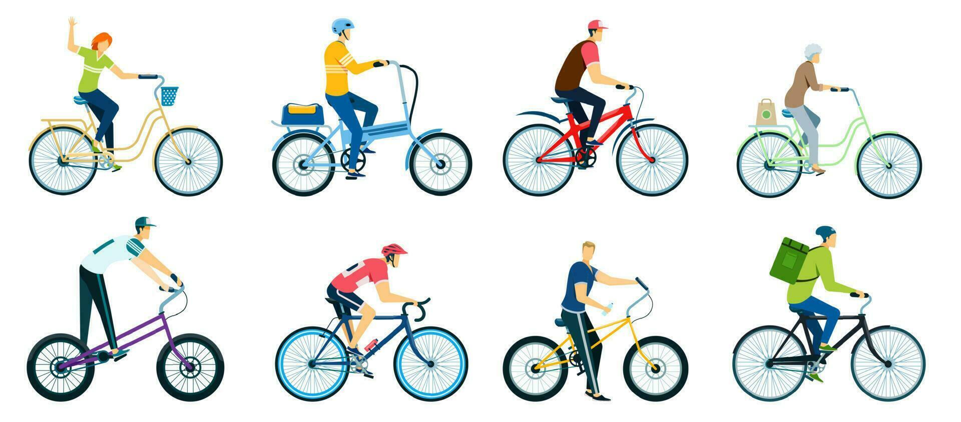 People cycling, characters riding bicycles, cyclists on bikes. Men and women biking in park, bicycle riders, delivery man on bike vector set