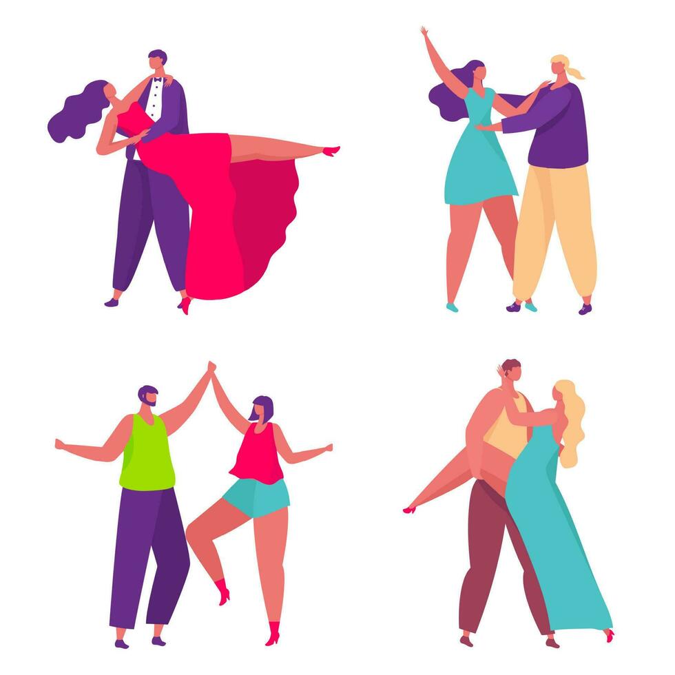 dibujos animados Pareja baile. hembra y masculino bailarines tomando parte en torneo o competencia. caracteres líder activo estilo de vida vector