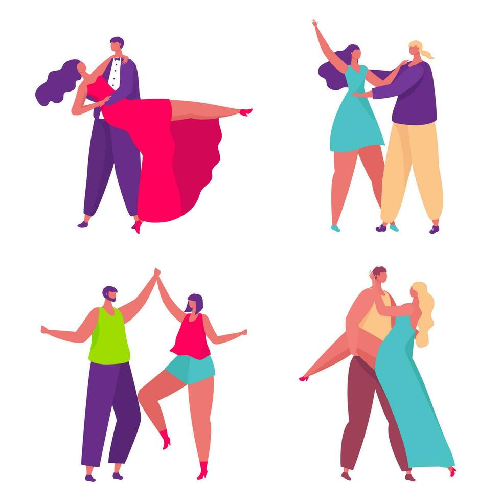 Cartoon couple dancing. Female and male dancers taking part in tournament or competition. Characters leading active lifestyle vector
