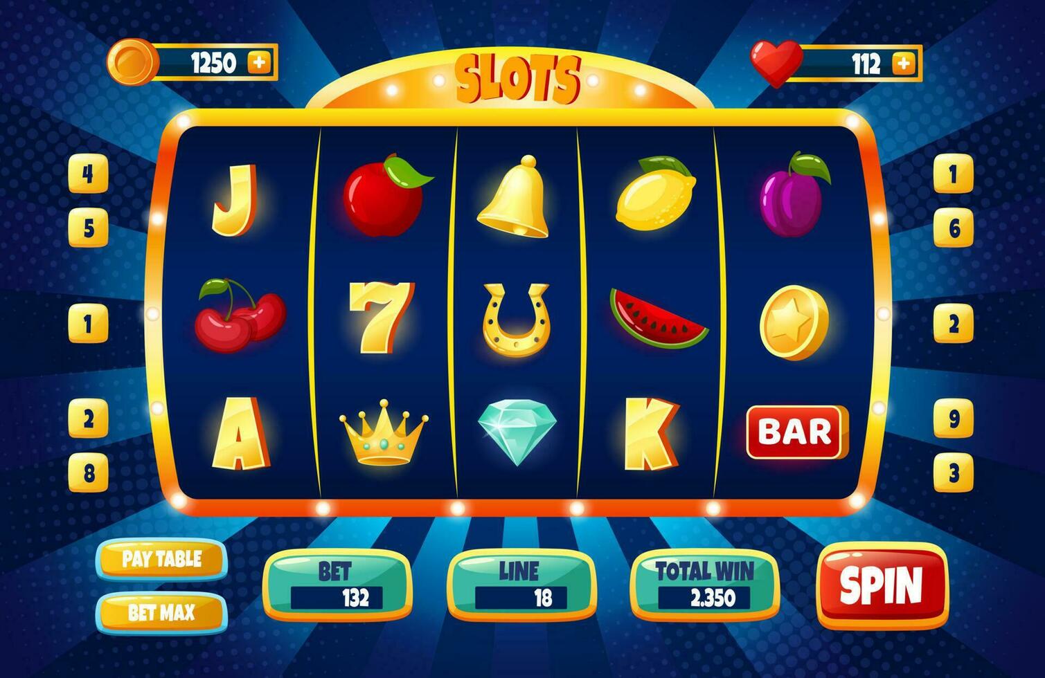 Casino slot machine game ui design, gambling mobile app concept. Cartoon slots icons and buttons, online casinos games gui vector template