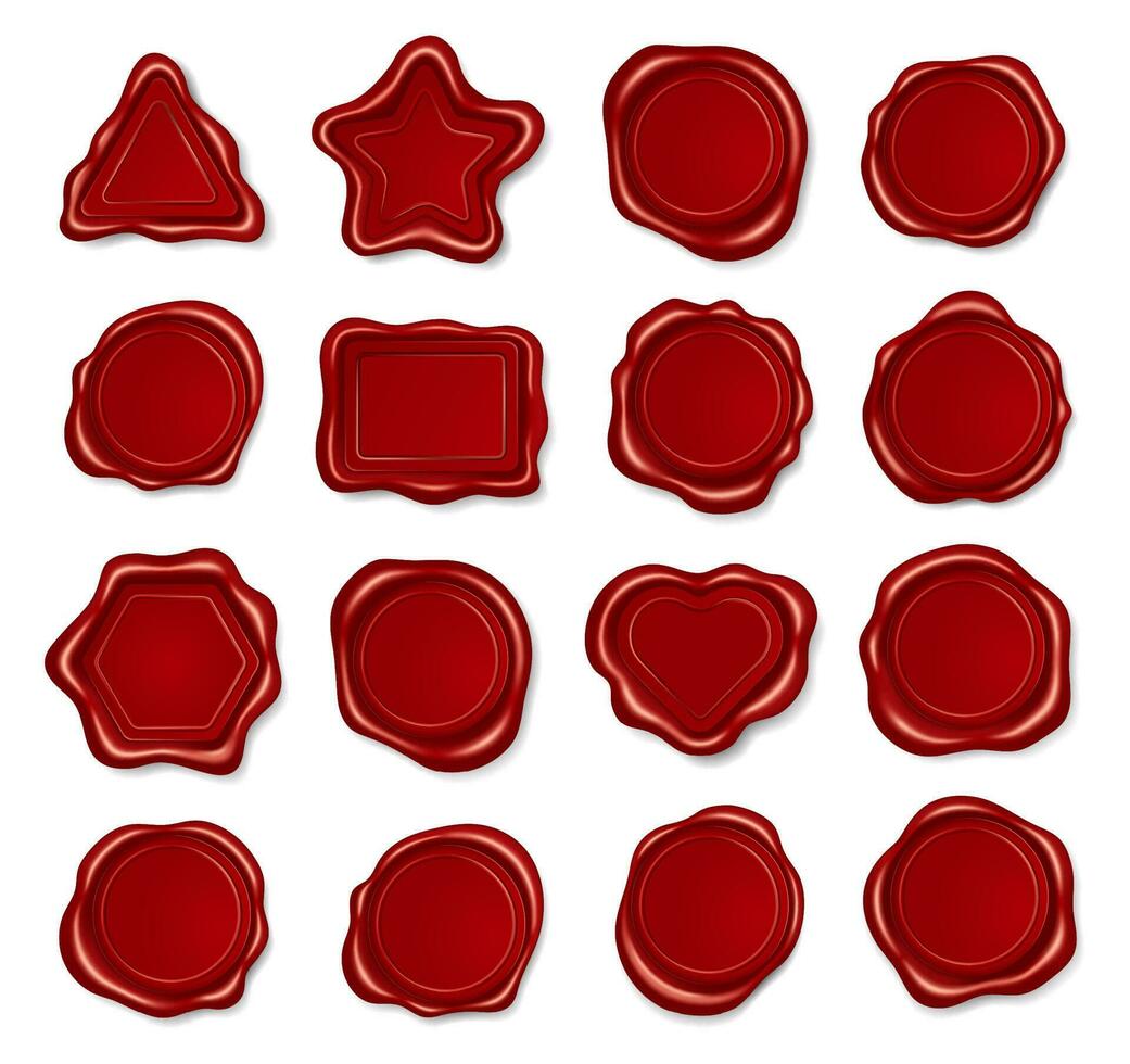 Realistic red wax seal. Stamp for envelope or letter of various shapes. Certificate, diploma or old scroll sealing vector