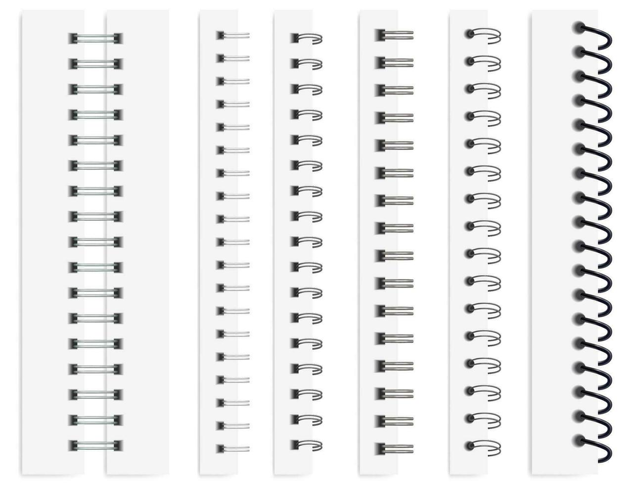 Realistic notebook spirals, calendar metal spiral binders. Binding coils for paper sheets, steel binder rings, wire bindings vector set