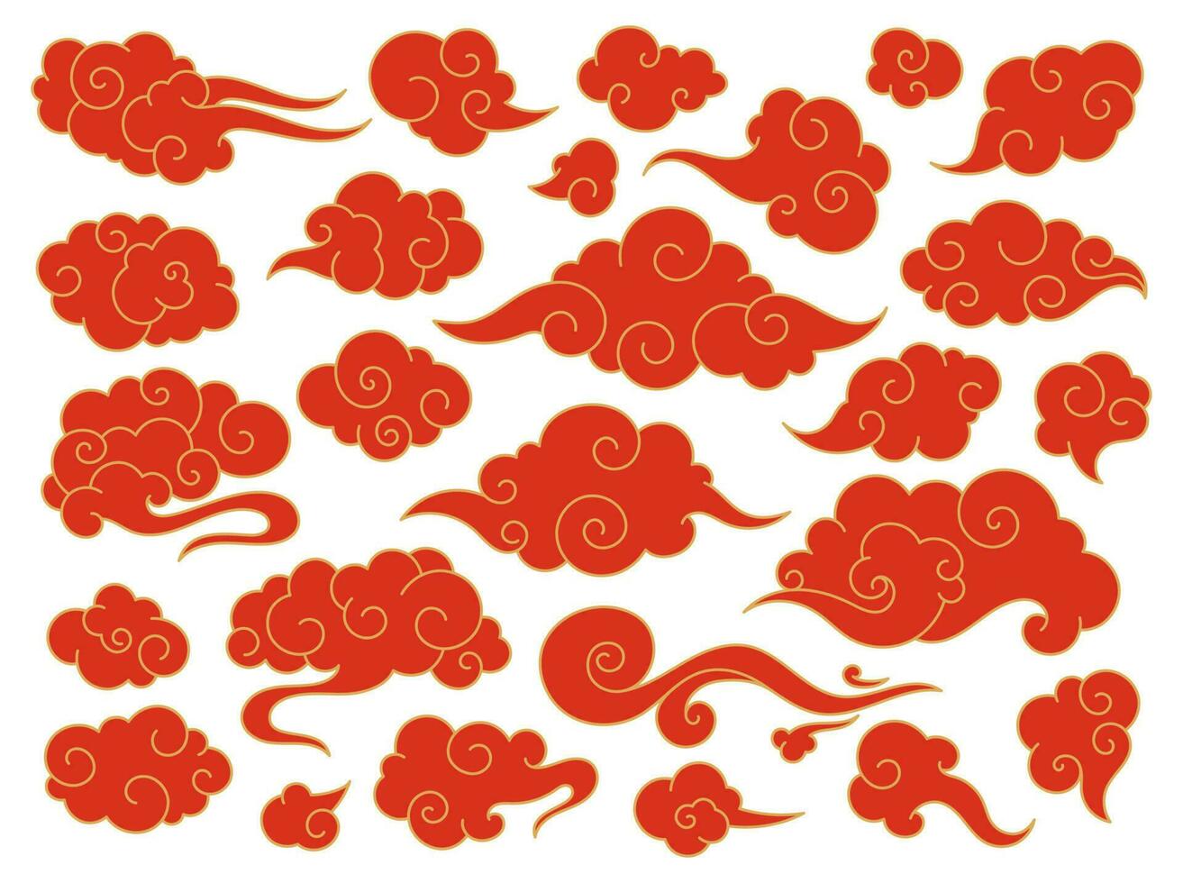 Red chinese clouds, japanese oriental style cloud doodles. Asian traditional festive ornaments, japan decorative sky elements vector set