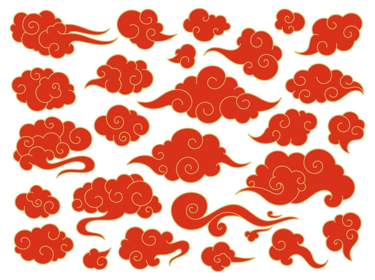 rojo chino nubes, japonés oriental estilo nube garabatos asiático tradicional festivo adornos, Japón decorativo cielo elementos vector conjunto