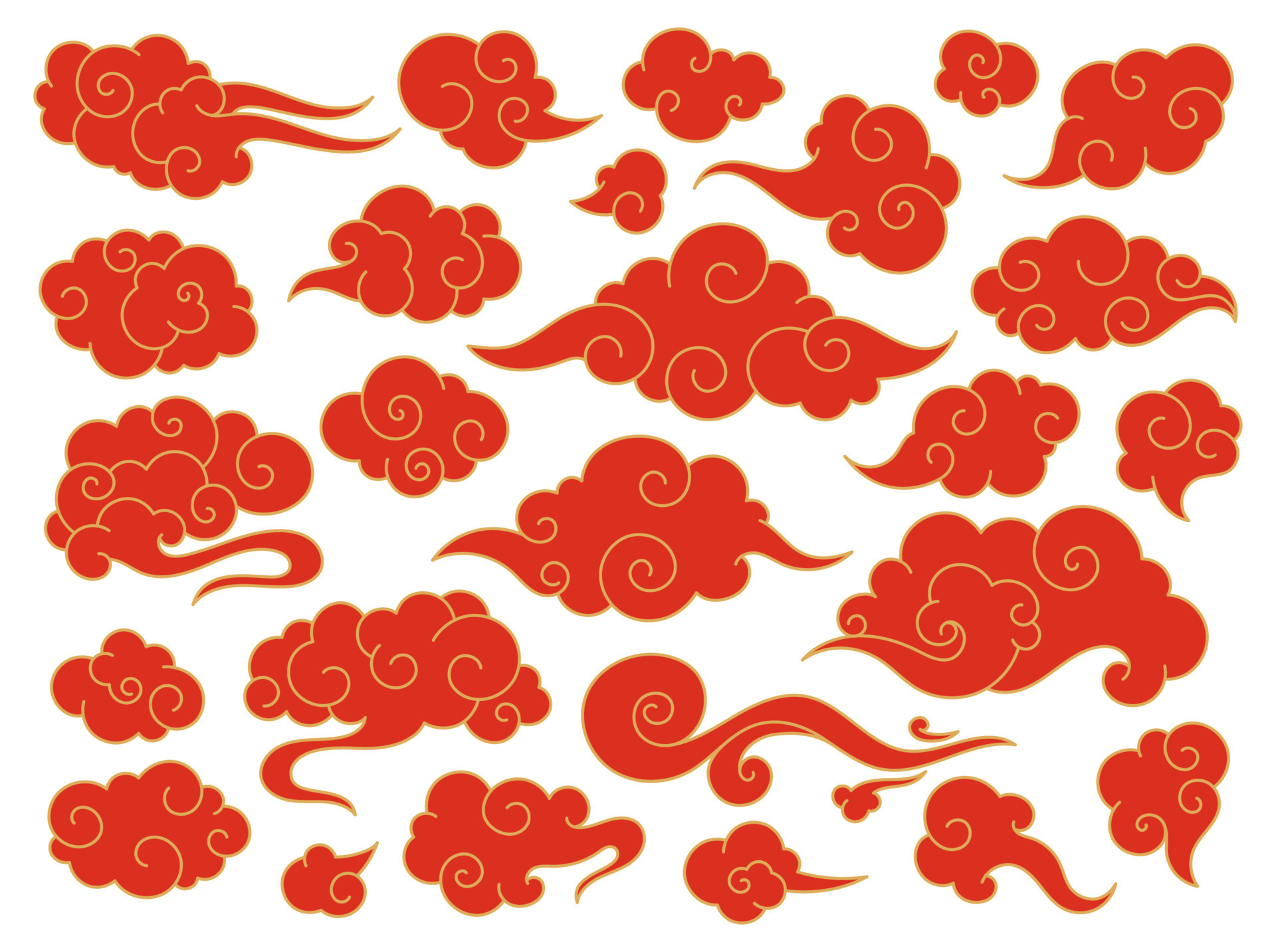 Red chinese clouds, japanese oriental style cloud doodles. Asian
