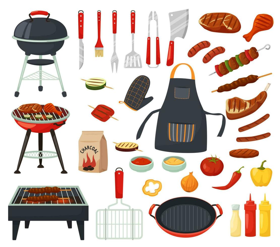 Cartoon barbecue equipment for picnic. Summer grill party elements, cooking tools and utensils. Grilled meat steaks vector