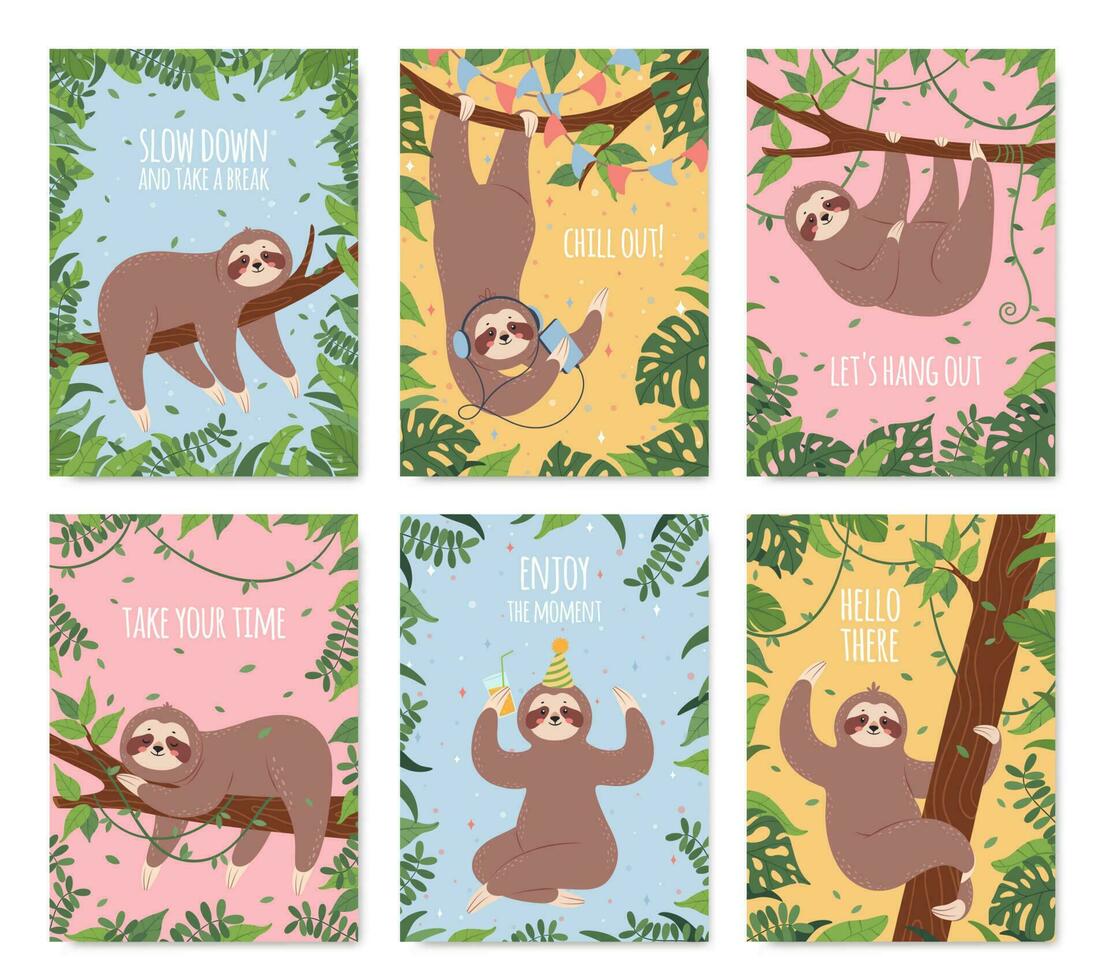 Cartoon sloth card, happy sloths sleeping or hanging from tree. Cute posters with sleepy lazy animal characters and funny phrases vector set