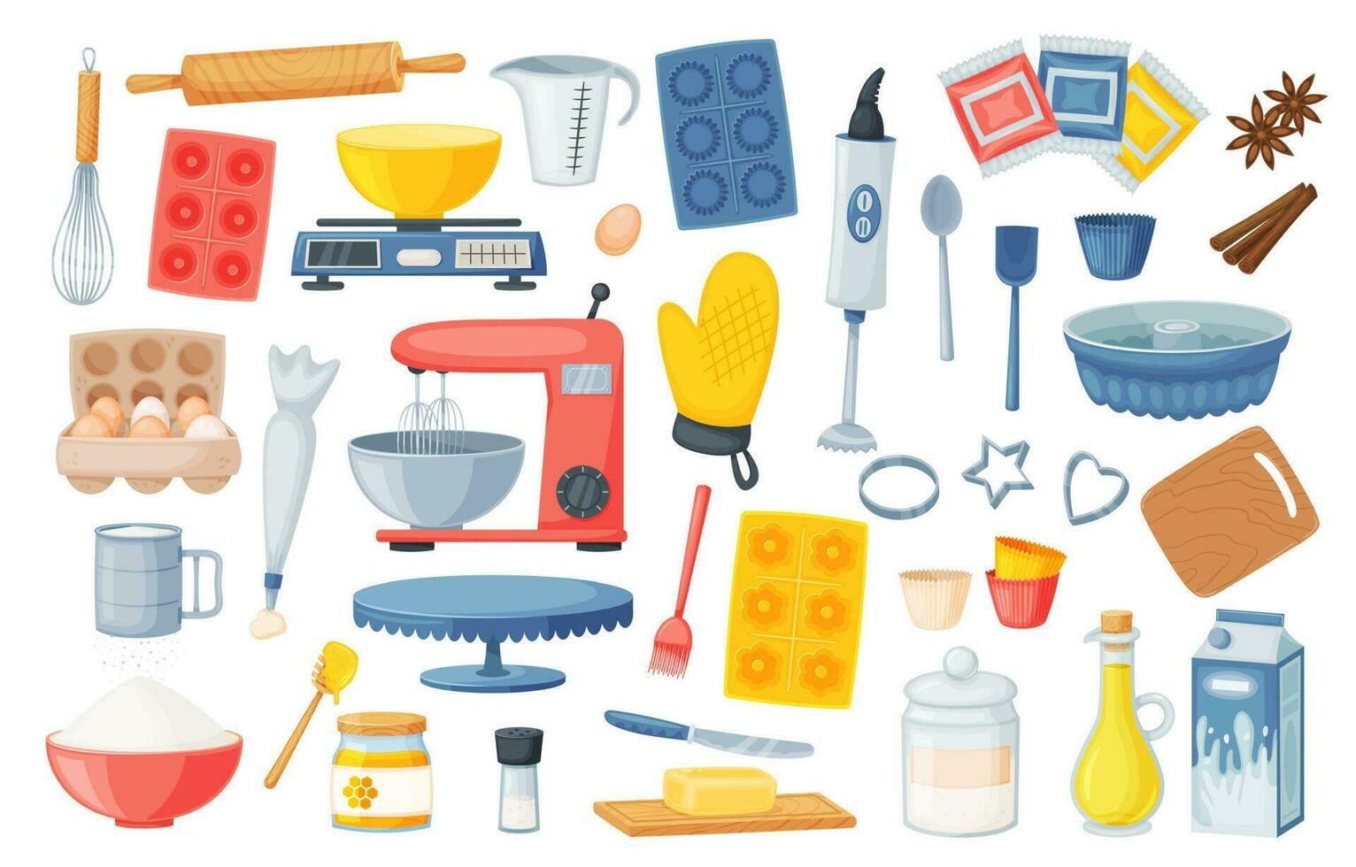 Cartoon cooking tools and baking ingredients collection vector