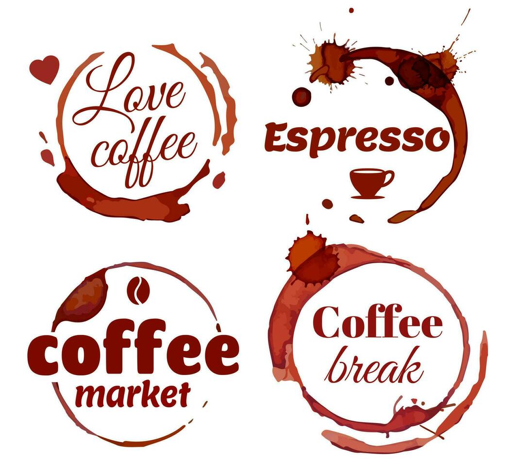 Coffee stain ring label. Stamps with dirty circles from tea or coffee cup. Cafe or restaurant logo template vector