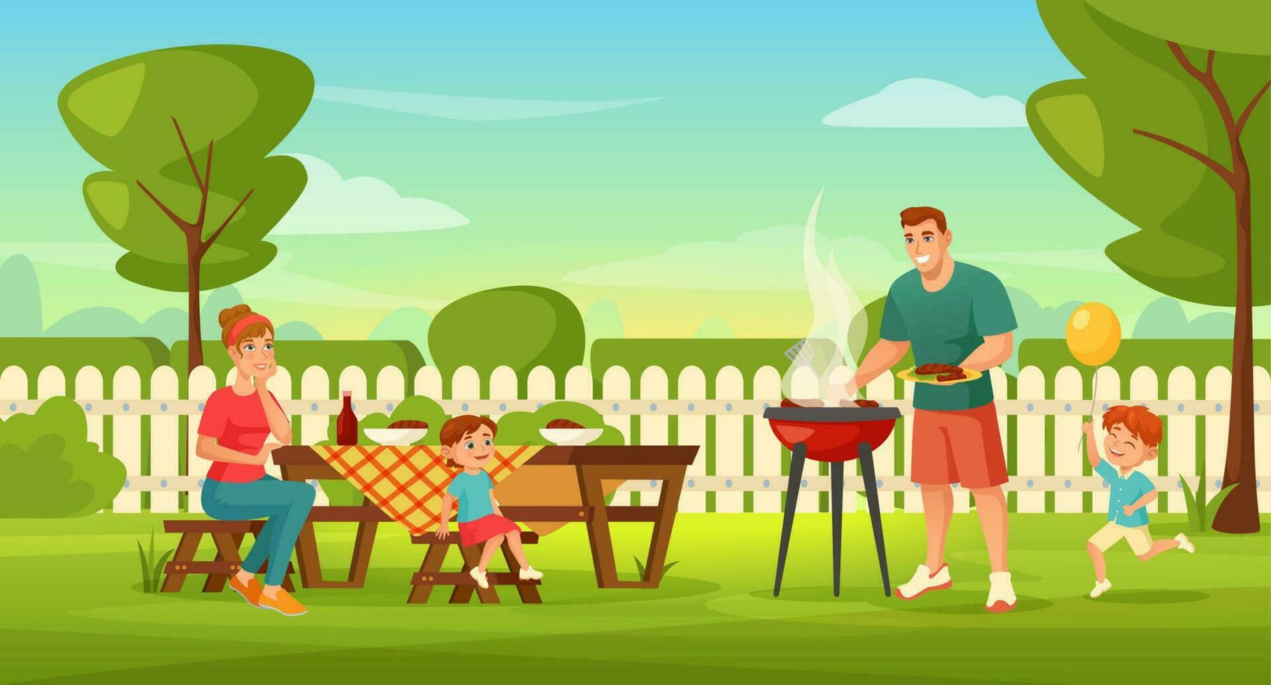 familia con niños teniendo al aire libre parilla fiesta en patio interior. hombre interrogatorio intenso carne, padre y niños haciendo verano barbacoa picnic vector ilustración