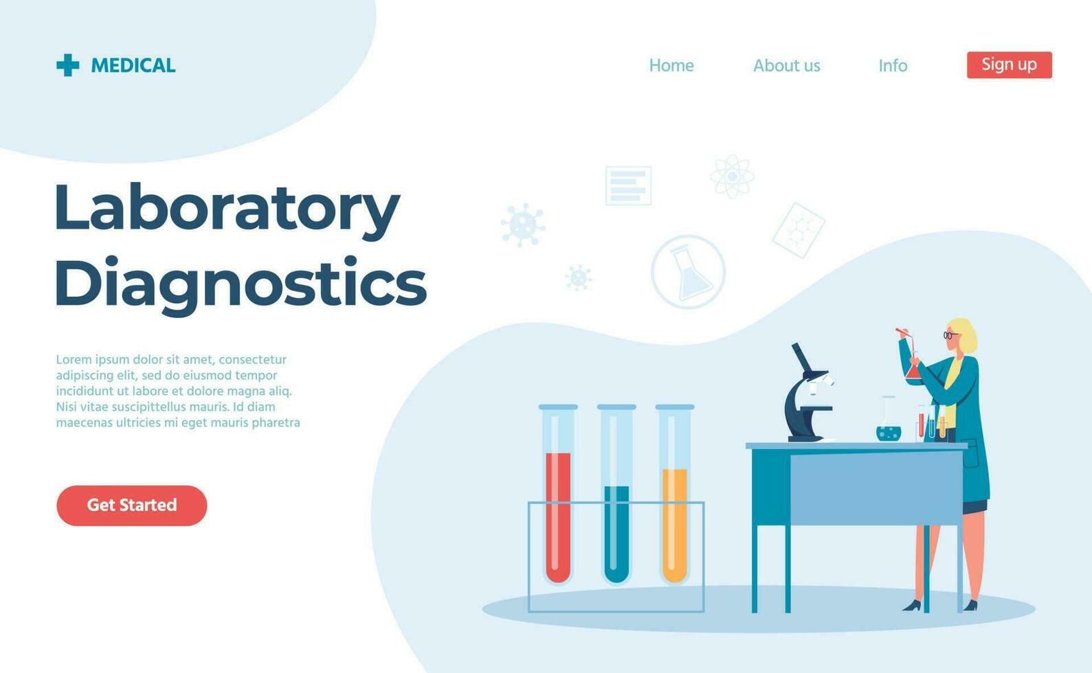 Biology laboratory diagnostics by doctor landing page vector