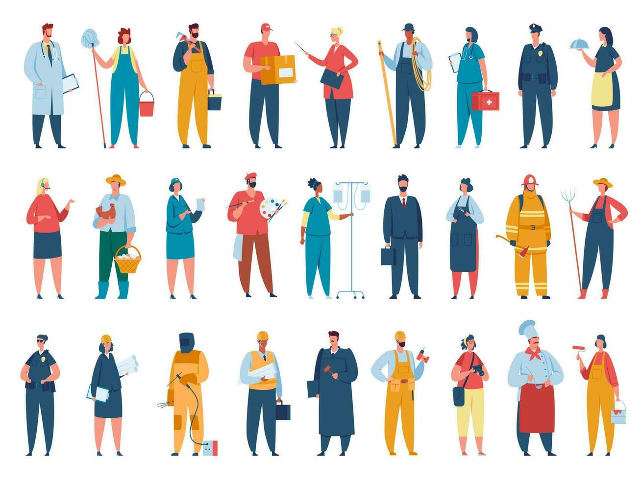 People of different professions in uniform doctor and firefighter, businessman and policeman vector