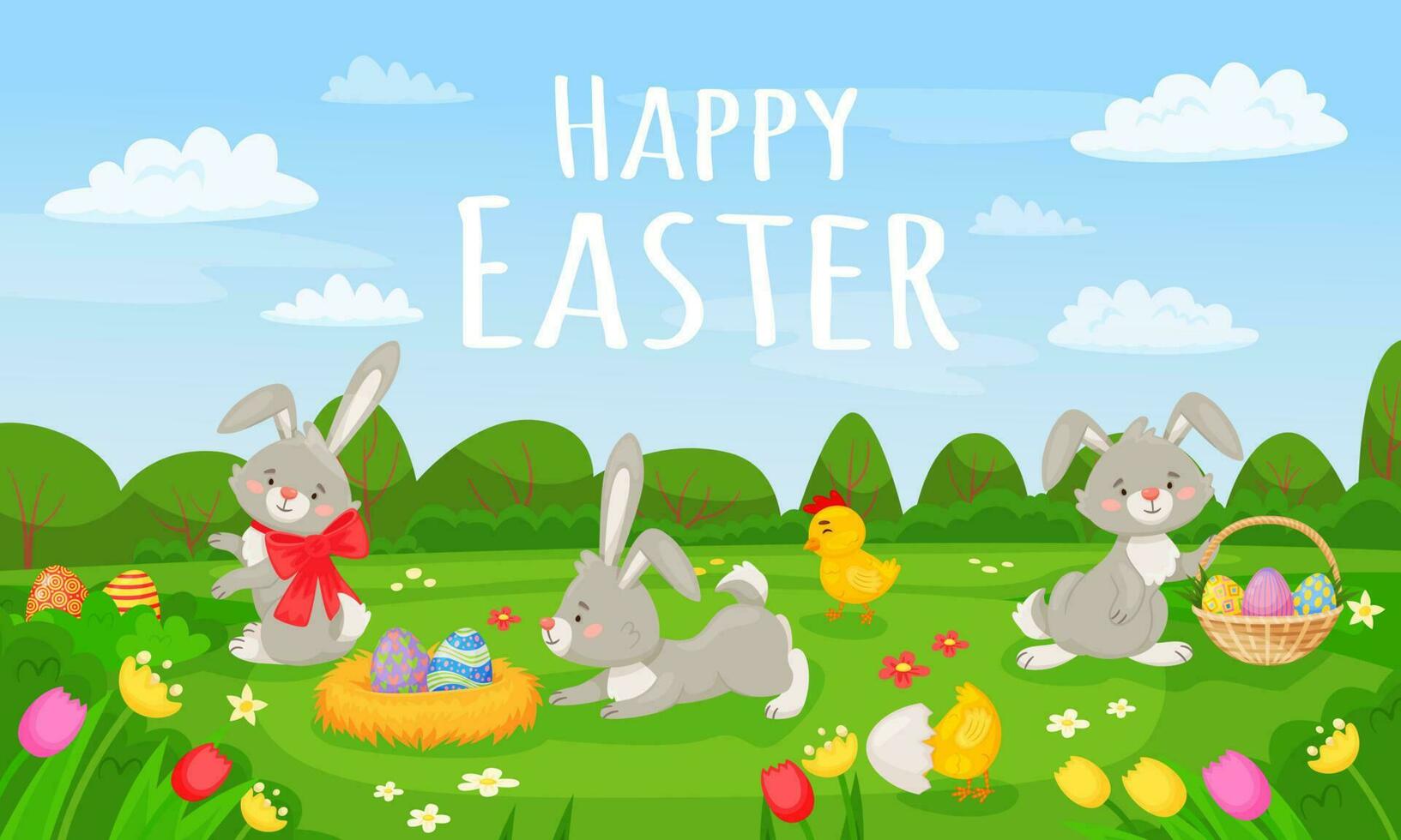 Cartoon spring landscape with cute easter bunnies and eggs. Happy easter card, springtime meadow scenery with flowers vector illustration