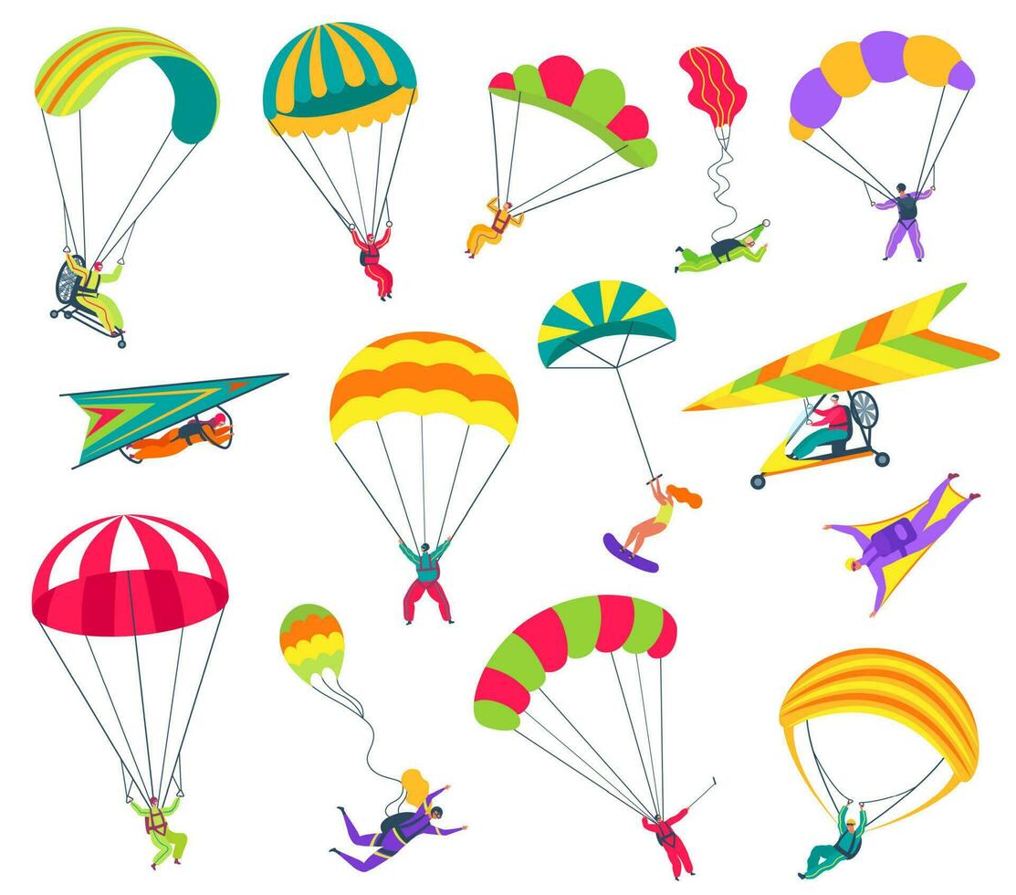 Skydivers flying extreme sport, jump with parachute vector