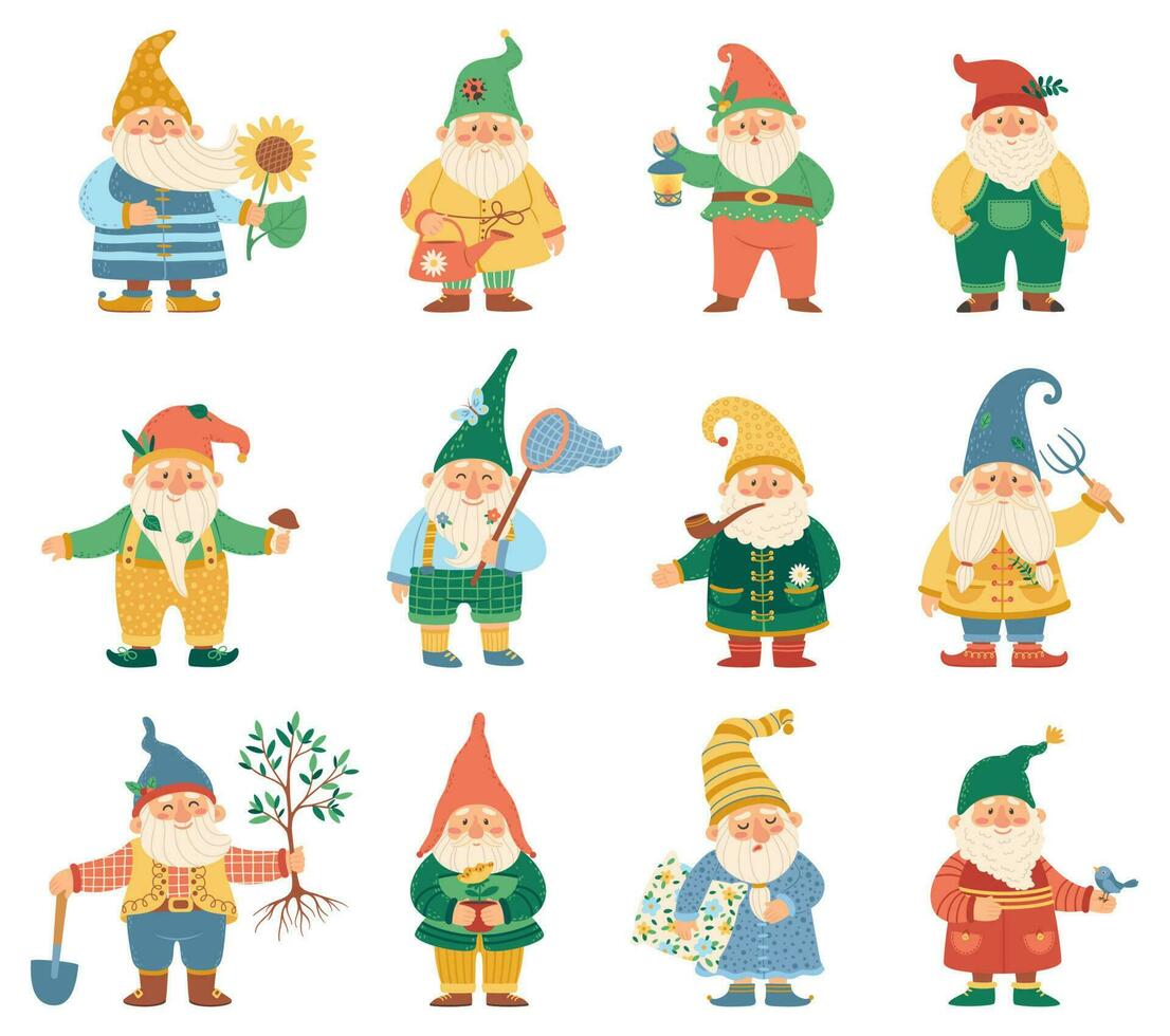 Cute gnome of set, elf and garden dwarf vector