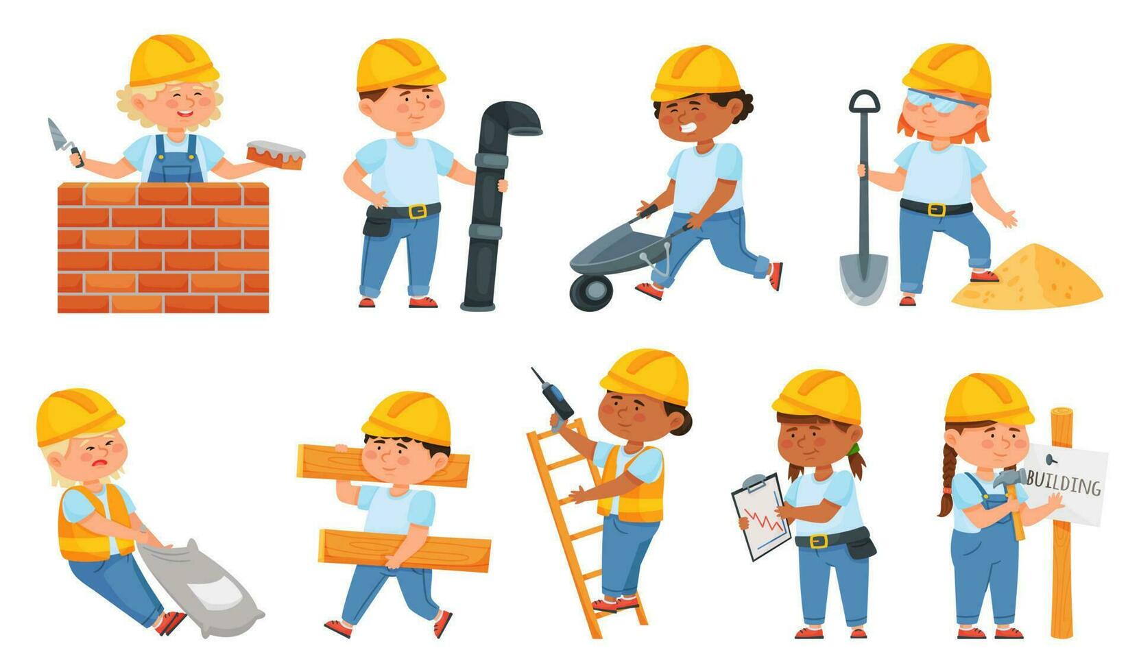 Cute little builders in uniform, kids with construction tools. Cartoon children characters in hard hat working at building site vector set