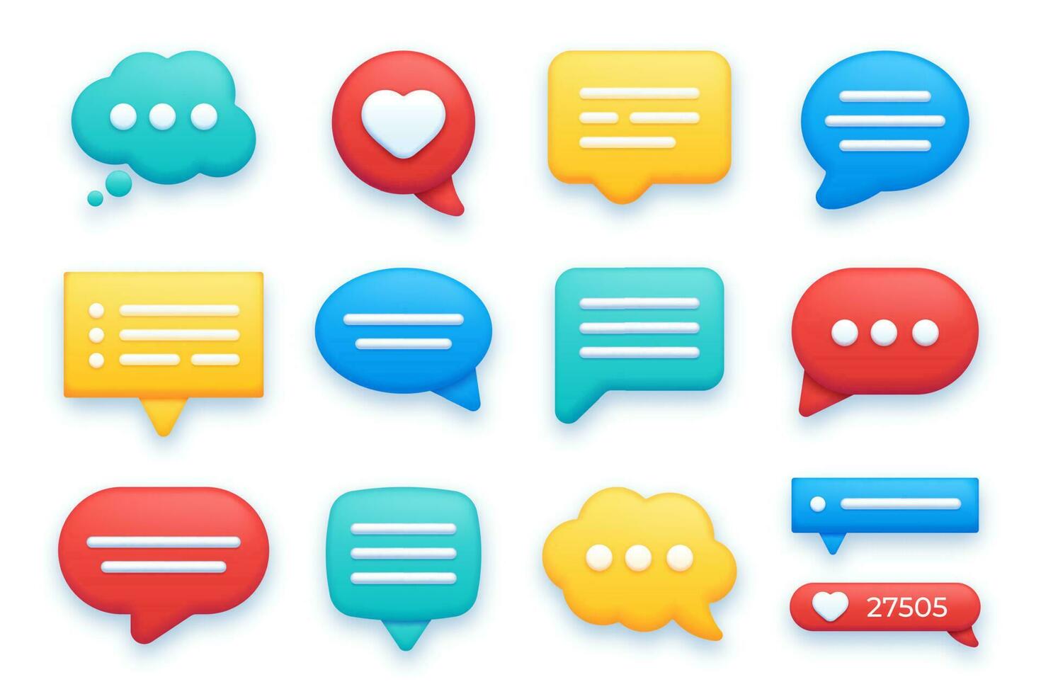 3d speech bubbles, thinking text bubble, chat and like icon. Social media communication, realistic texts message dialogue balloon vector set