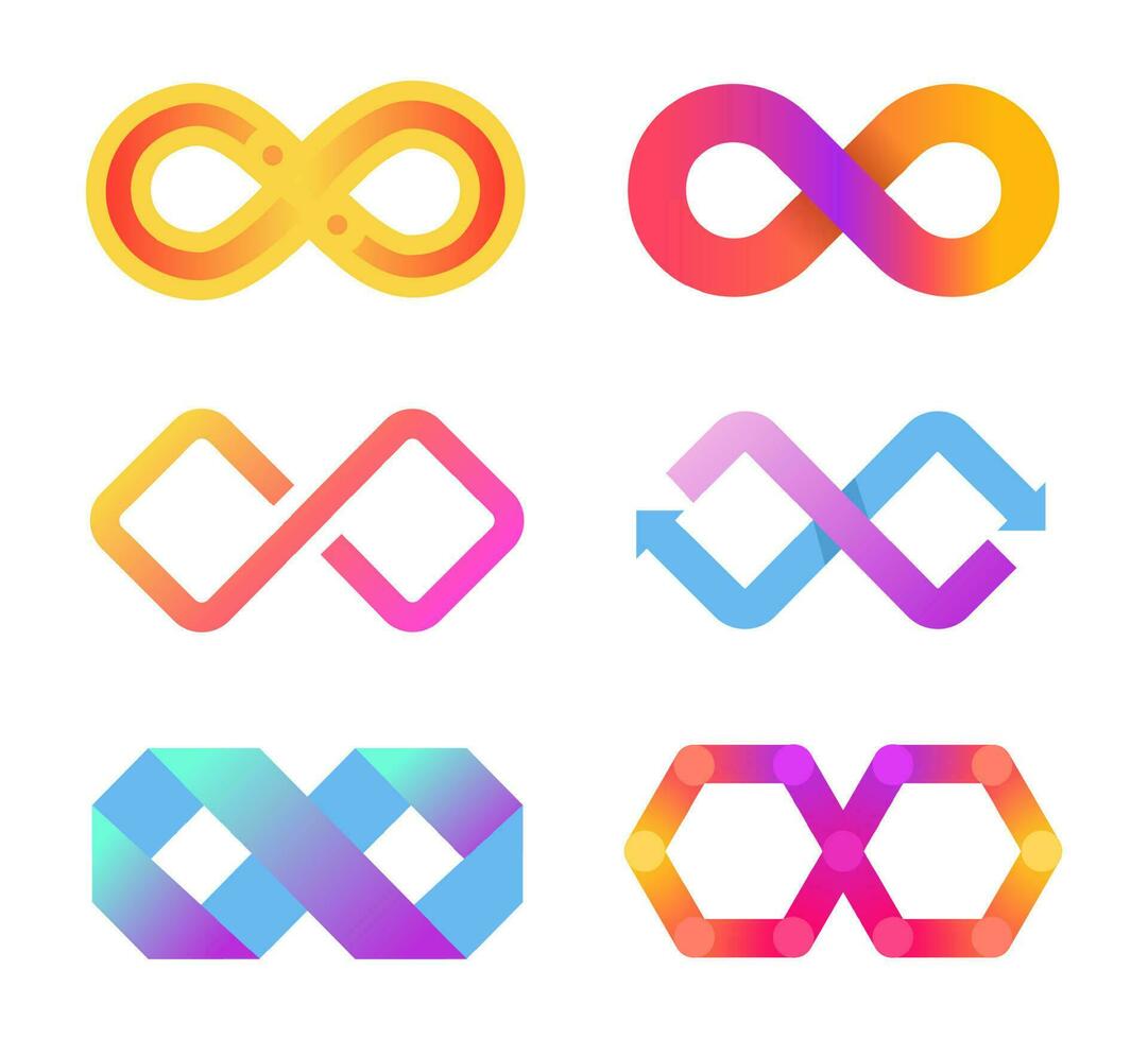 Color infinity icon. Endless sign with arrows and lines. Abstract eternity symbol for business logo. Futuristic curved shapes vector