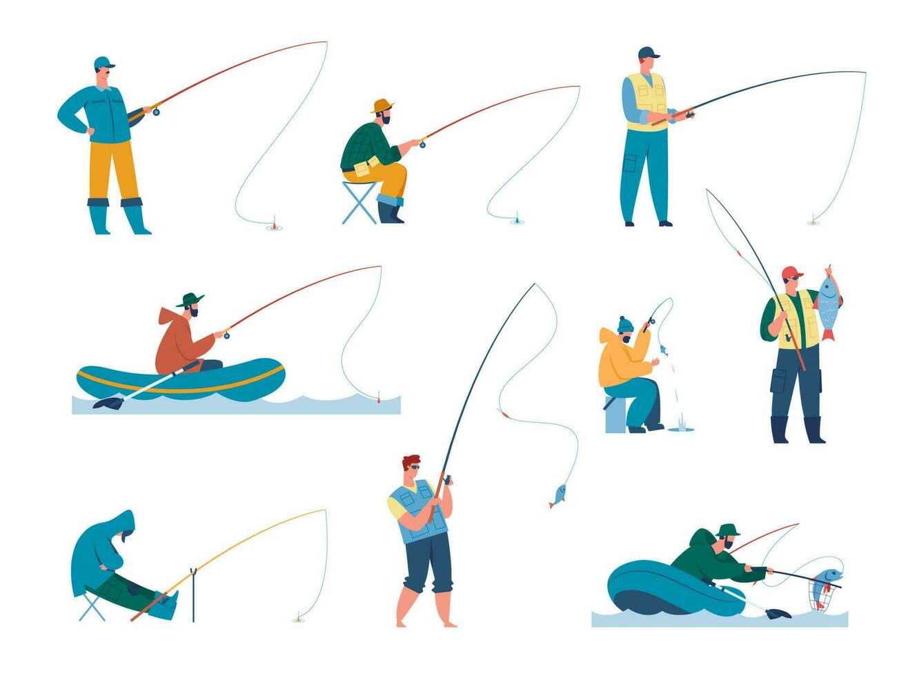 Fishermen catching fish with fishing rod, fisher characters. Fisherman fishing on boat, outdoor summer recreation activity vector set