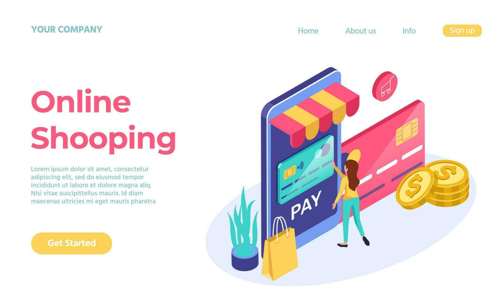 Landing page online shopping isometric 3d style vector