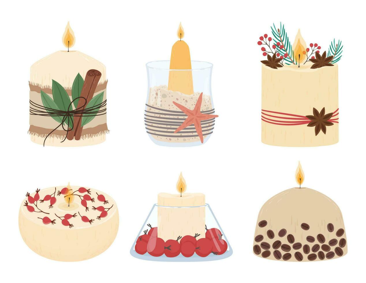 Burning candles with herbs, cinnamon, coffee beans for aromatherapy or spa. Handmade aromatic was candles vector