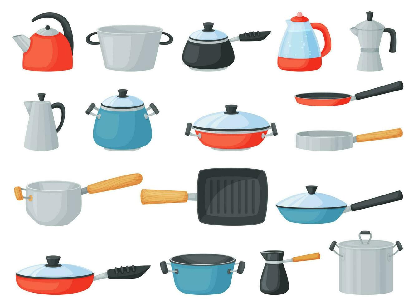 Cartoon frying pans, saucepan and cooking pots, metal cookware. Kitchen utensils, kettle, grill pan, pot with lid, kitchenware vector set