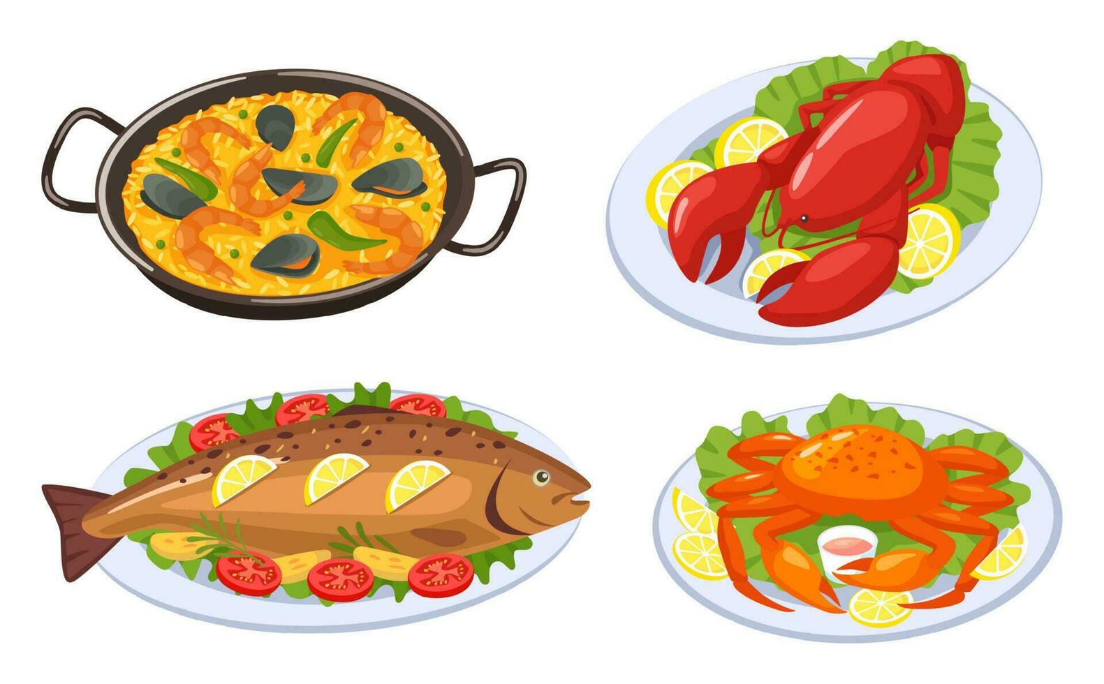 Cartoon seafood dishes. Lobster, crab, baked fish and paella with shrimps, mussels. Delicious food for restaurant vector