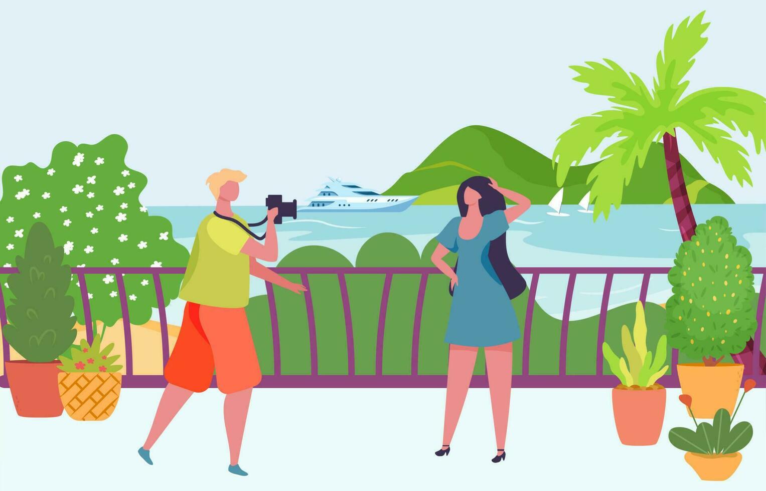 Photographer photographing model. Man taking photo of girl posing near sea. Cartoon woman having rest on seaside vector