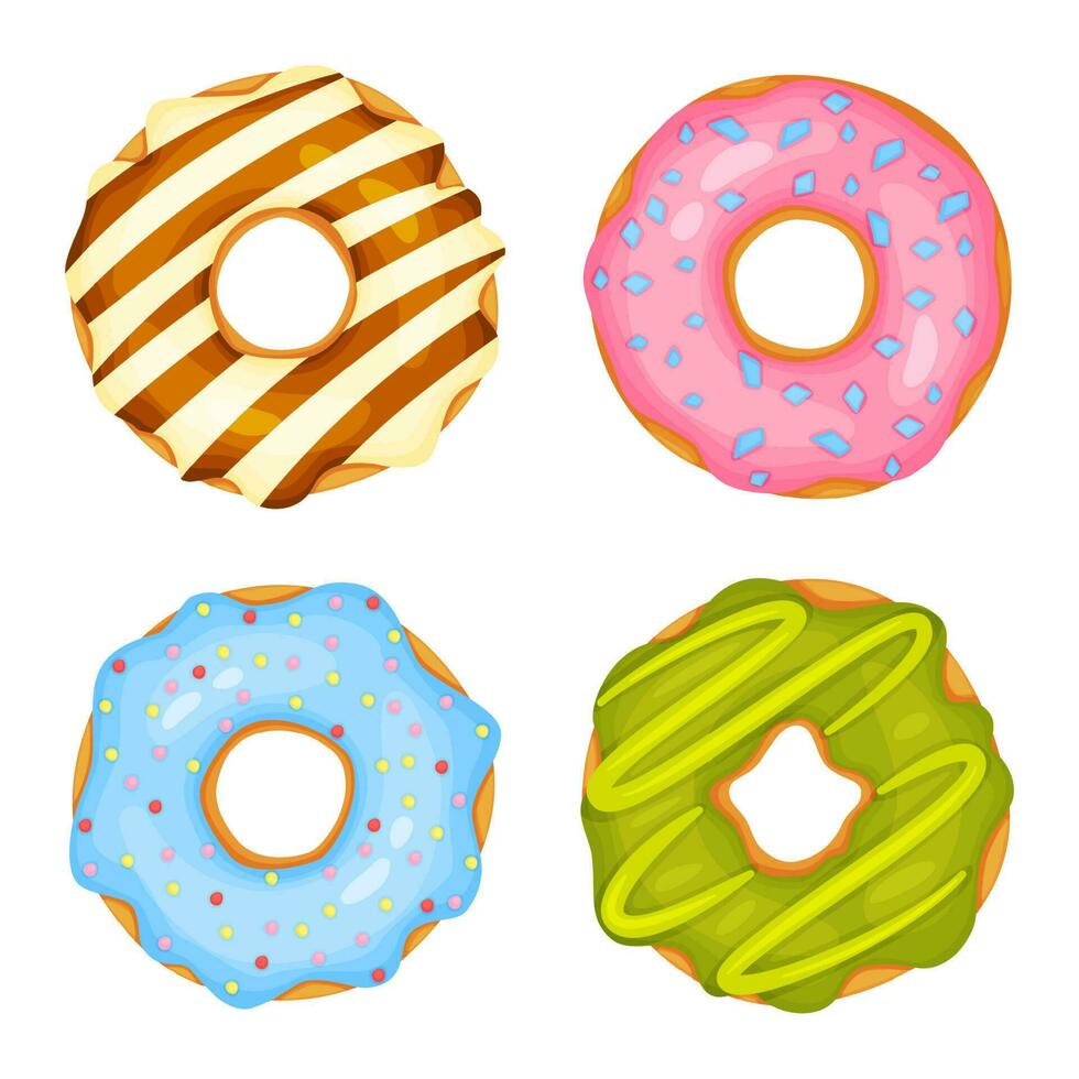 Cartoon donuts with sweet sugar icing. Delicious pastry with different topping. Glazed round doughnuts with sprinkles vector