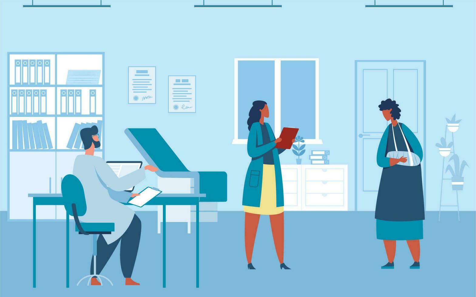 Medical visit. Patient coming to doctor with broken arm. Nurse giving prescription to female character with bandage vector