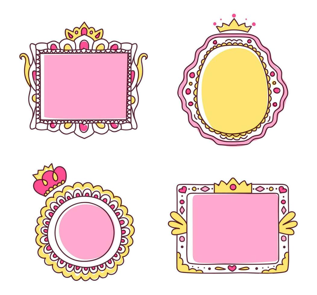 Cute hand drawn pink princess frames. Mirror border with crown or tiara for royal family. Girlish photo frame for baby vector