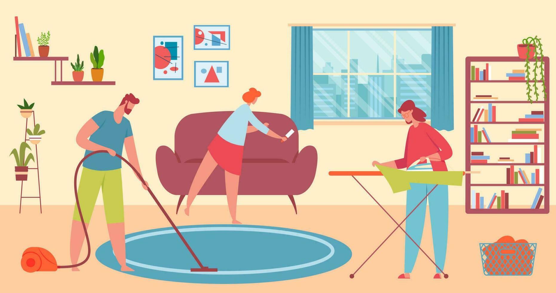 Family cleaning home and doing chores together vector