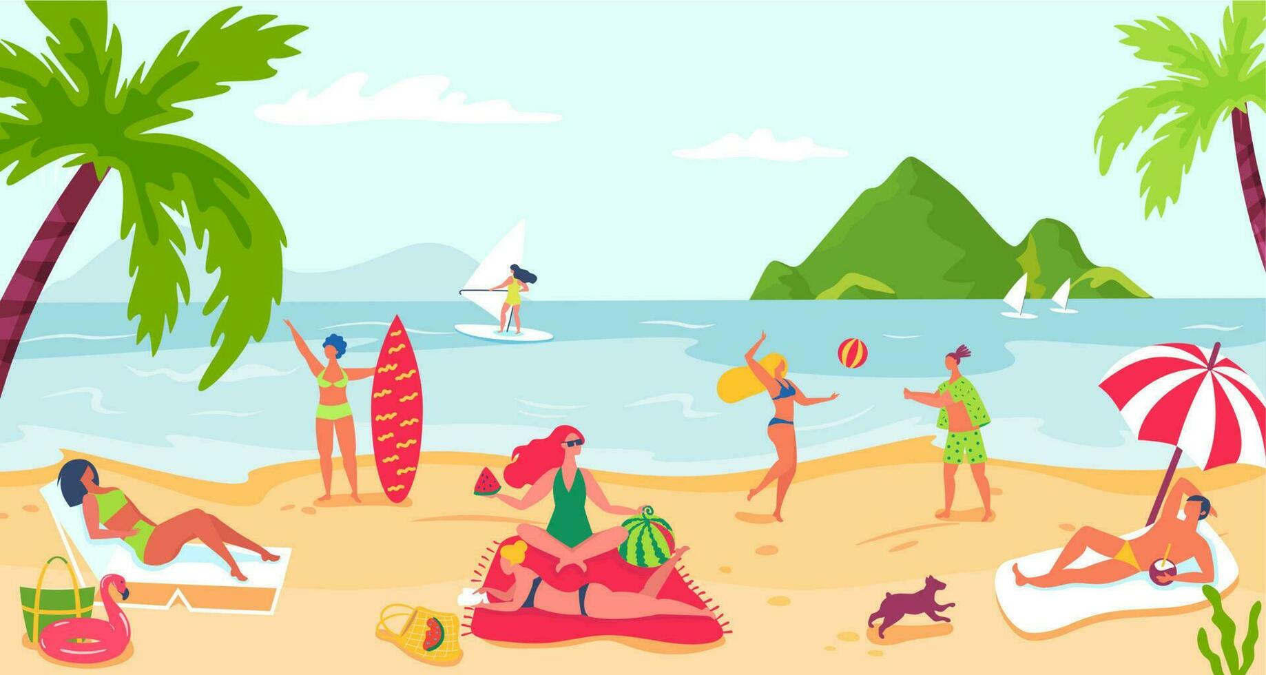 People relaxing at beach, summer sea holiday vector