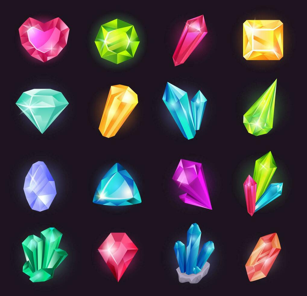 Cartoon magic crystals and precious gems, raw material gemstones. Glowing crystal, shiny jewel stone, fantasy gemstone for game vector set