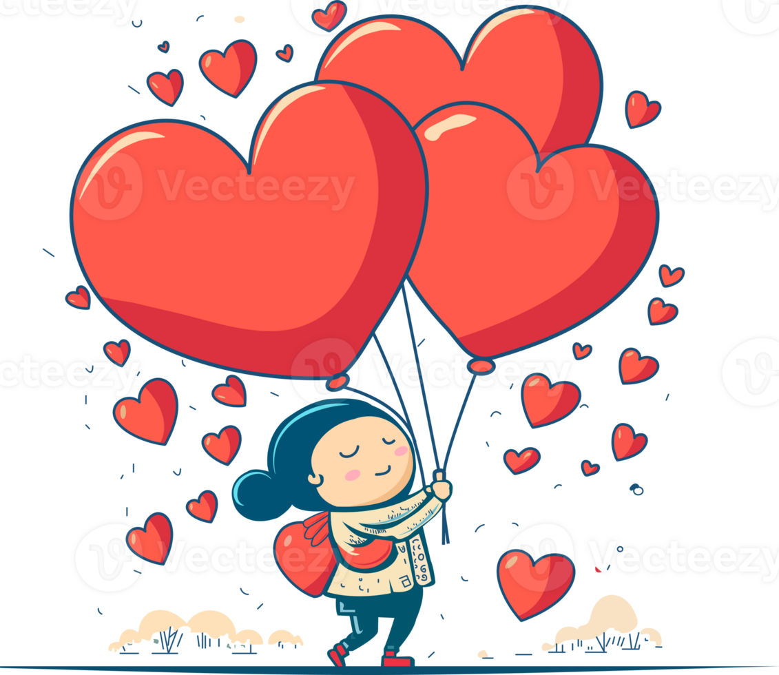 süß wenig Mädchen Charakter halten Herzen Luftballons auf Natur Baum Landschaft. Liebe oder Valentinstag Tag Konzept. png